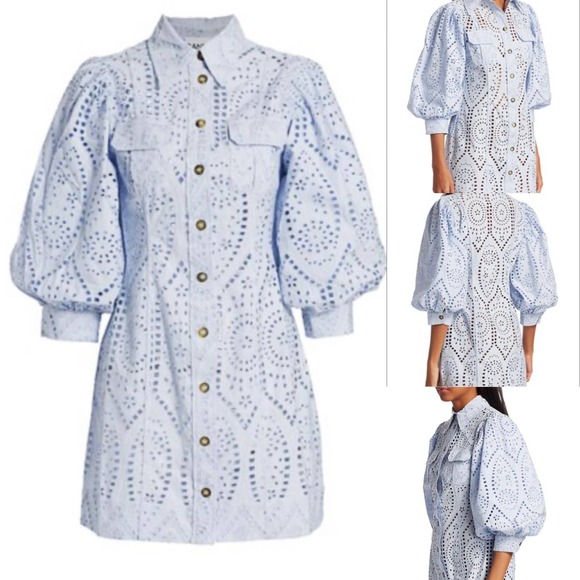 Ganni Dresses & Skirts - GANNI Broderie Anglaise Eyelet Shirt Dress Blue 34 XS Puff Sleeve Mini Dress